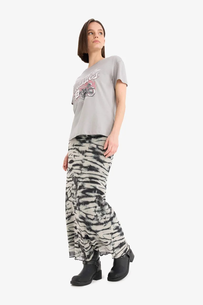 ديفاكتو A Cut Patterned High Waist Cotton Lining Tulle Maxi Skirt