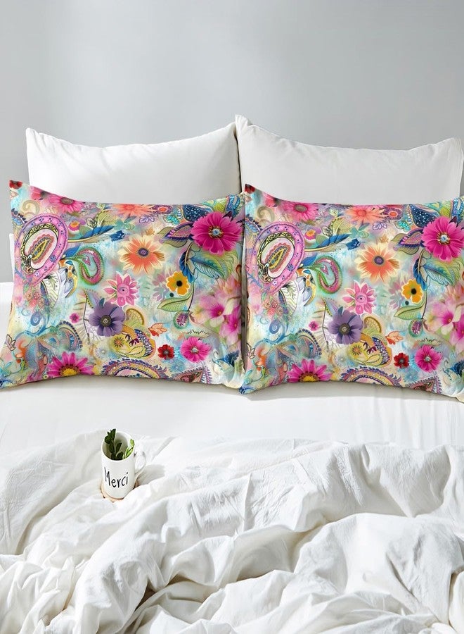 Castle Fairy غطاء لحاف مزين بنقشة زهور وربطة عنق، مقاس كامل 80 × 90 بوصة، غطاء لحاف ملون بنقشة بيزلي للفتيات والمراهقات، غطاء لحاف رومانسي بوهيمي باللونين الوردي والأزرق مزين بالزهور مصنوع من البوليستر مع غطاءين للوسائد، (بدون لحاف) - Image 5