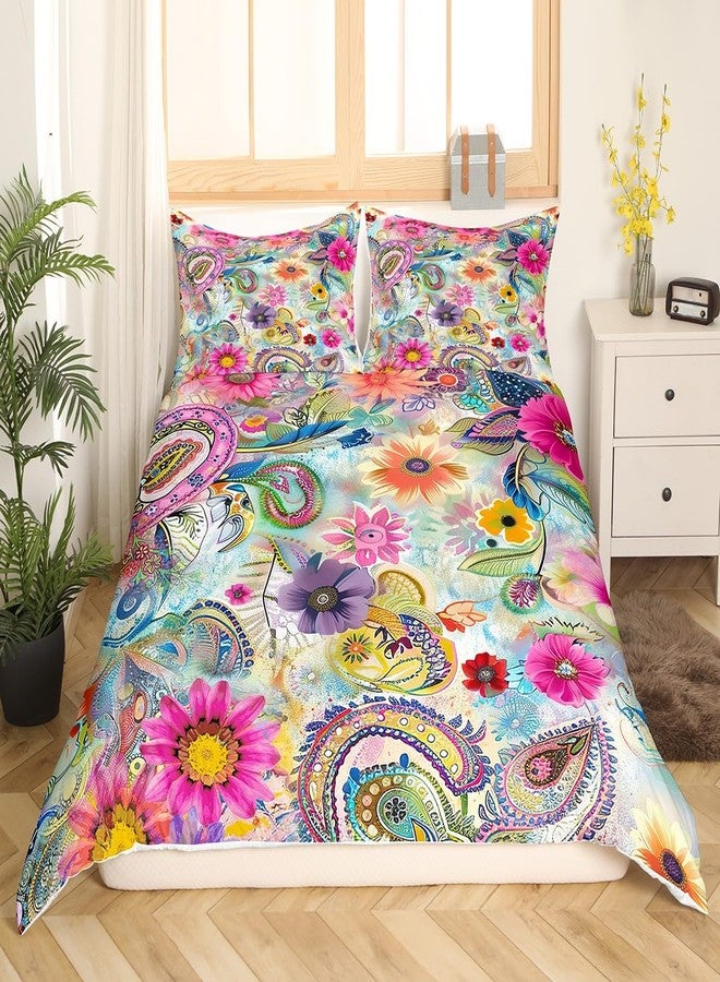 Castle Fairy غطاء لحاف مزين بنقشة زهور وربطة عنق، مقاس كامل 80 × 90 بوصة، غطاء لحاف ملون بنقشة بيزلي للفتيات والمراهقات، غطاء لحاف رومانسي بوهيمي باللونين الوردي والأزرق مزين بالزهور مصنوع من البوليستر مع غطاءين للوسائد، (بدون لحاف) - Image 3