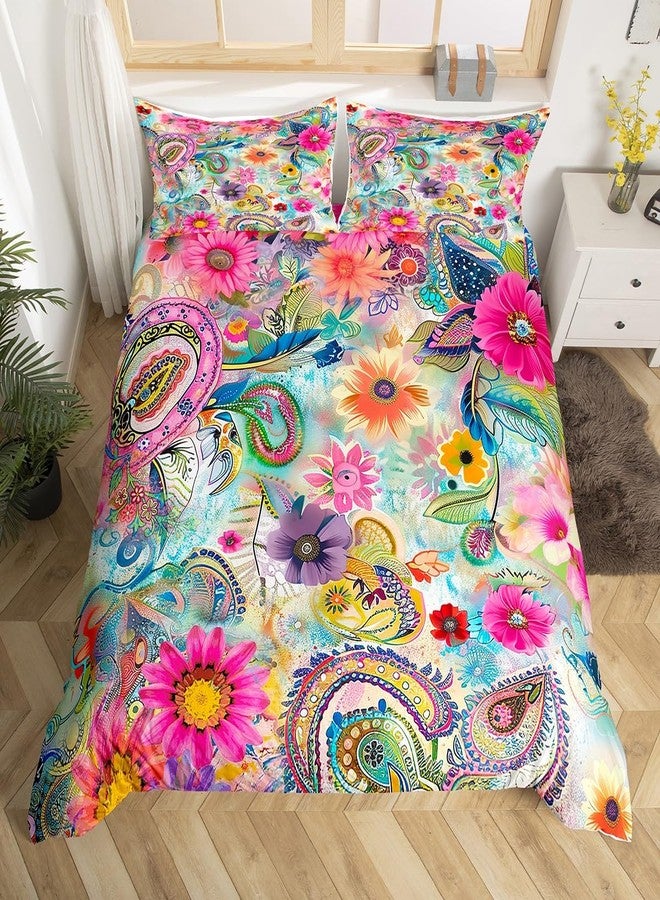 Castle Fairy غطاء لحاف مزين بنقشة زهور وربطة عنق، مقاس كامل 80 × 90 بوصة، غطاء لحاف ملون بنقشة بيزلي للفتيات والمراهقات، غطاء لحاف رومانسي بوهيمي باللونين الوردي والأزرق مزين بالزهور مصنوع من البوليستر مع غطاءين للوسائد، (بدون لحاف) - Image 1