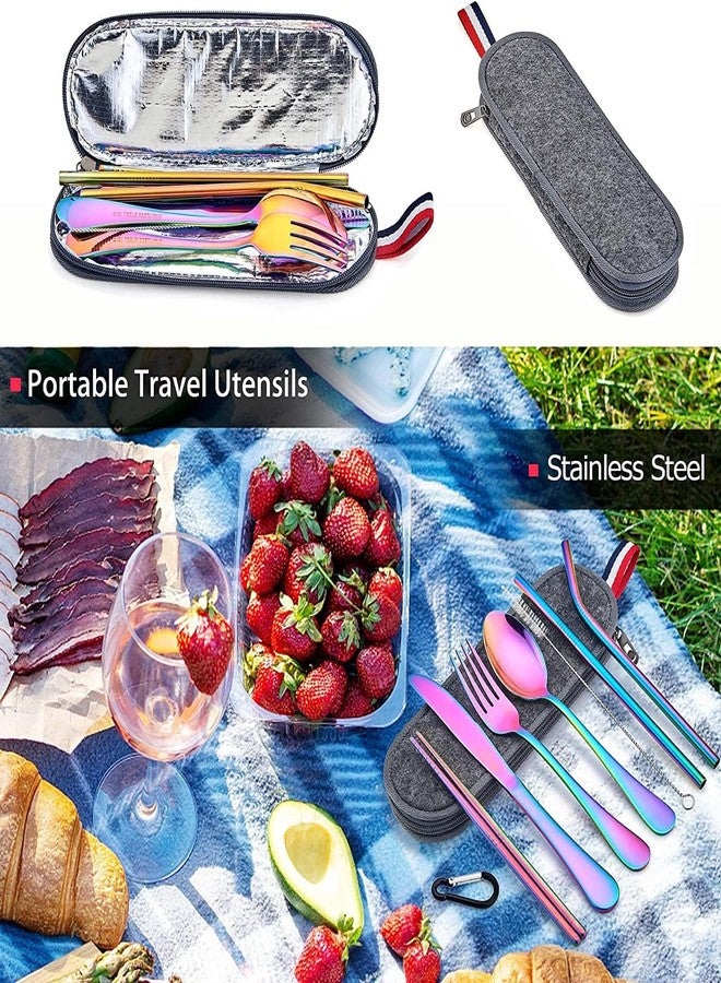 Veemok Rainbow Cutlery Set Colorful Portable Utensils Set 8-Pcs Reusable Silverware Cutlery for Outdoor,Travel,Camping Stainless Steel Flatware & Dinnerware Set (Set of 1,Multicolor) - Image 3
