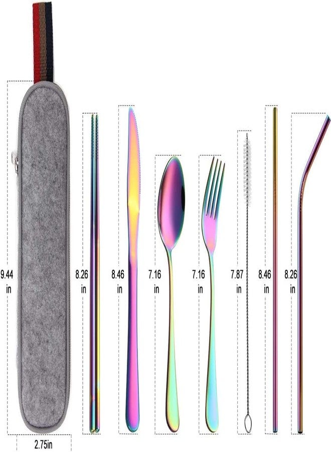 Veemok Rainbow Cutlery Set Colorful Portable Utensils Set 8-Pcs Reusable Silverware Cutlery for Outdoor,Travel,Camping Stainless Steel Flatware & Dinnerware Set (Set of 1,Multicolor) - Image 4