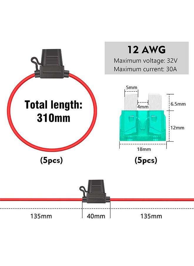 Inline Fuse Holder 12v 5 Pcs, Waterproof Fuse Holder 12AWG, Line Fuse Copper Wire with 30A Fuse for Car/Truck/Motorcycle/Boat