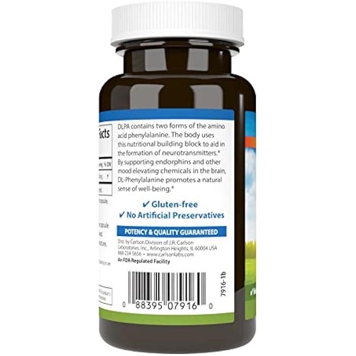 Carlson DLPA DL-Phenylalanine 500 mg Mood, Cognitive & Nervous System Support Supplement - 60 Capsules - Image 3
