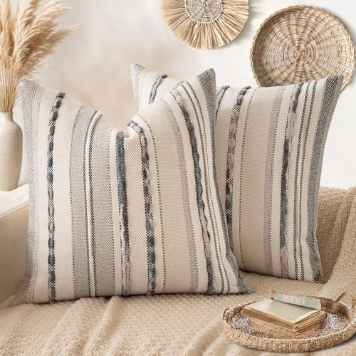 ANRODUO Pack of 2 Boho Decorative Throw Pillow Covers 18x18 Farmhouse Cushion Case Striped Chenille Pillow Cases Square Pillow Covers Accent Neutral Pillowcase for Sofa Couch Bed, Gray Stripe - Image 1