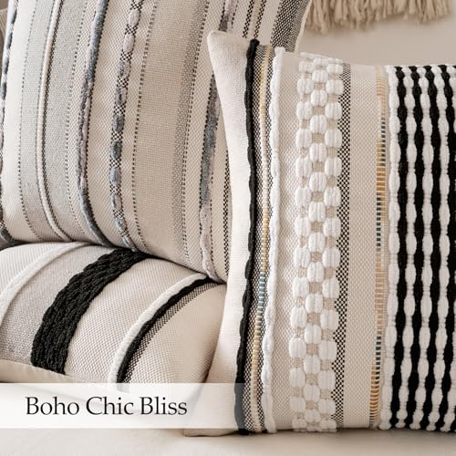 ANRODUO Pack of 2 Boho Decorative Throw Pillow Covers 18x18 Farmhouse Cushion Case Striped Chenille Pillow Cases Square Pillow Covers Accent Neutral Pillowcase for Sofa Couch Bed, Gray Stripe - Image 5