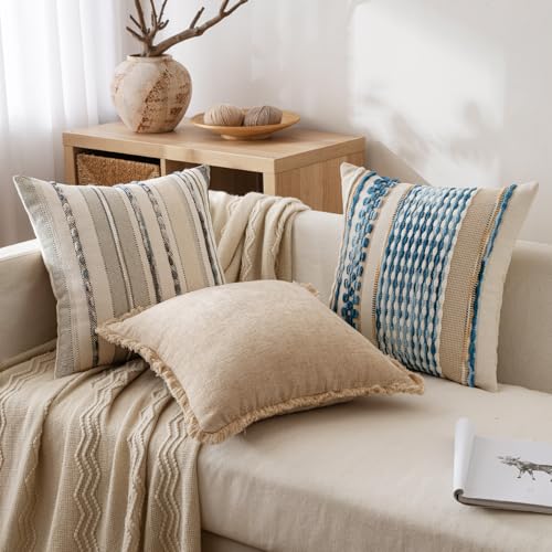 ANRODUO Pack of 2 Boho Decorative Throw Pillow Covers 18x18 Farmhouse Cushion Case Striped Chenille Pillow Cases Square Pillow Covers Accent Neutral Pillowcase for Sofa Couch Bed, Gray Stripe - Image 2