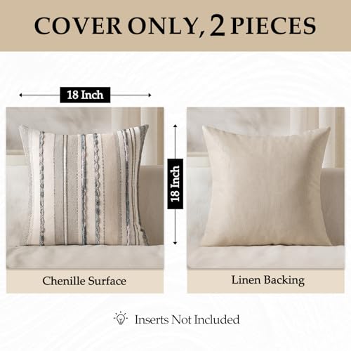 ANRODUO Pack of 2 Boho Decorative Throw Pillow Covers 18x18 Farmhouse Cushion Case Striped Chenille Pillow Cases Square Pillow Covers Accent Neutral Pillowcase for Sofa Couch Bed, Gray Stripe - Image 4