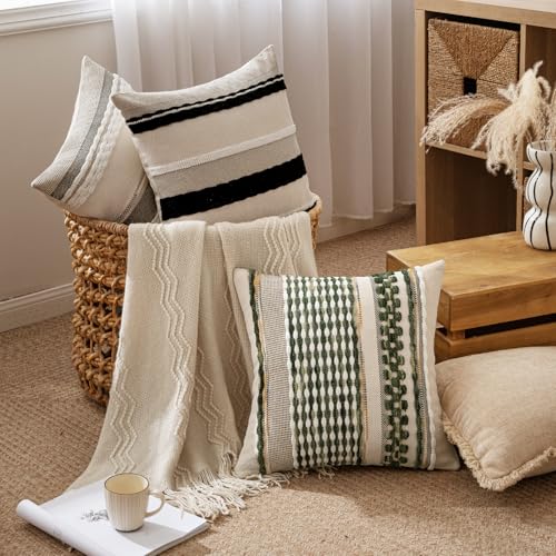 ANRODUO Pack of 2 Boho Decorative Throw Pillow Covers 18x18 Farmhouse Cushion Case Striped Chenille Pillow Cases Square Pillow Covers Accent Neutral Pillowcase for Sofa Couch Bed, Gray Stripe - Image 3