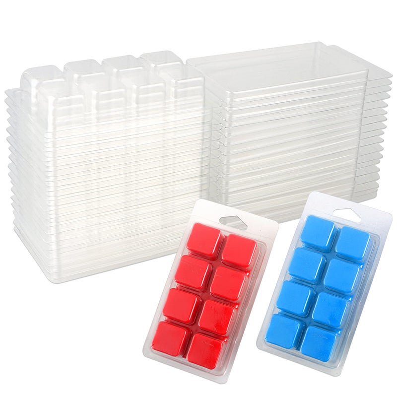 MILIVIXAY MILIVIXAY 50 Packs 8 Cavity Cubes Clamshells Wax Melt Containers for Tarts Clear Empty Plastic Wax Melt Molds 