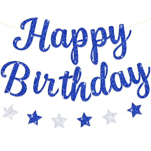 Blopee Royal Blue Glitter Happy Birthday Banner for BoyMen Birthday Party Decorations Star Birthday Garland Banner Sign - Image 1
