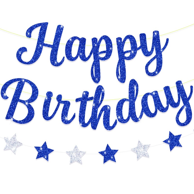 Blopee Royal Blue Glitter Happy Birthday Banner for BoyMen Birthday Party Decorations Star Birthday Garland Banner Sign - Image 2