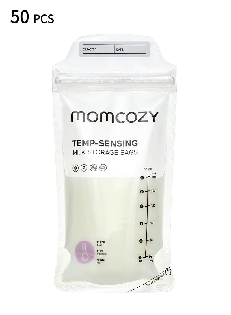 Momcozy Breast Pump Hands-Free Mobile Style | M6, Wearable Breastfeeding Pump Ideal Rhythm for More Milk, DoubleFit Flange More Fit & Discreet with 3 Modes & 9 Levels & 50pcs Breast Milk Bags, Temp-Sensing Discoloration Milk Storing Bags for Breastfeeding, Disposable Milk Storage Bag with 6 Ounce Self Standing, No-Leak Milk Freezer Storage PouchesBundle - Image 3
