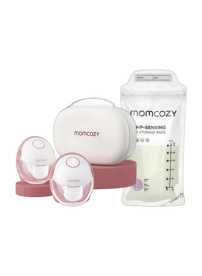 Momcozy Breast Pump Hands-Free Mobile Style | M6, Wearable Breastfeeding Pump Ideal Rhythm for More Milk, DoubleFit Flange More Fit & Discreet with 3 Modes & 9 Levels & 50pcs Breast Milk Bags, Temp-Sensing Discoloration Milk Storing Bags for Breastfeeding, Disposable Milk Storage Bag with 6 Ounce Self Standing, No-Leak Milk Freezer Storage PouchesBundle - Image 1