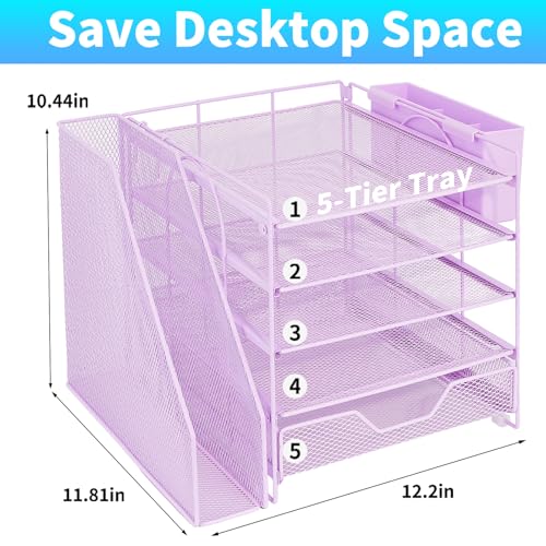 Gugsey Desk Organizers and Accessories 5Tier Paper Letter Tray Organizer with File Holder Drawer Pen Holder Office Desk Accessories Desktop Organizer for Classroom Office Supplies Purple - Image 3