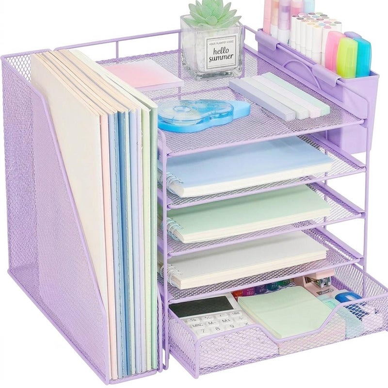 Gugsey Desk Organizers and Accessories 5Tier Paper Letter Tray Organizer with File Holder Drawer Pen Holder Office Desk Accessories Desktop Organizer for Classroom Office Supplies Purple - Image 2
