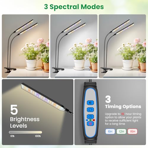 Aumtrly Grow Lights for Indoor Plants, 2 Head 114 LED Full Spectrum Clip on Plant Lights for Indoor Growing with 6/12/16H Timer, 5 Dimming, 3 Light Mode, Black Gooseneck Grow Lamp - Image 3