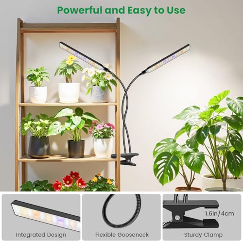 Aumtrly Grow Lights for Indoor Plants, 2 Head 114 LED Full Spectrum Clip on Plant Lights for Indoor Growing with 6/12/16H Timer, 5 Dimming, 3 Light Mode, Black Gooseneck Grow Lamp - Image 5