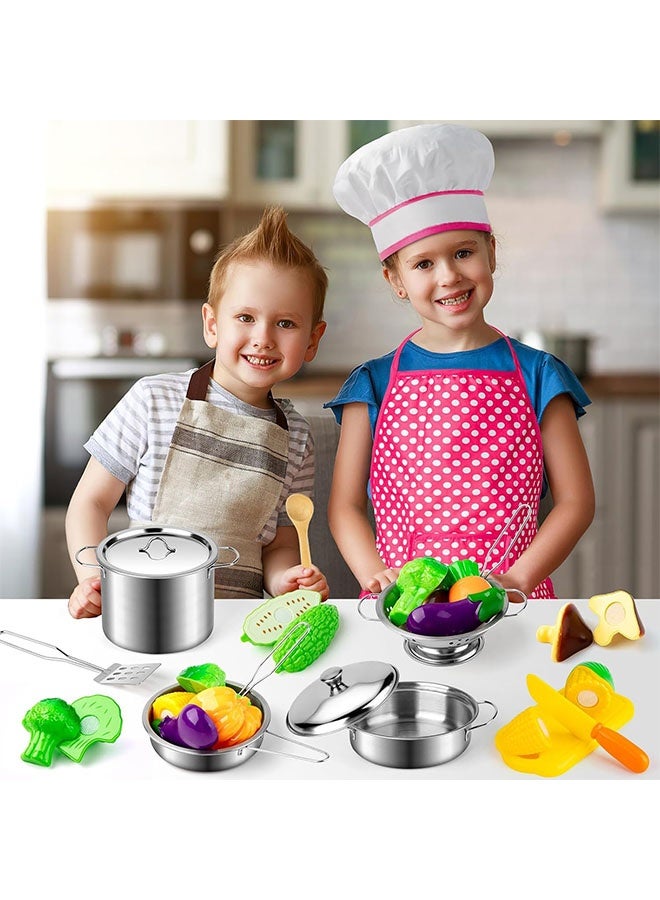 Kitchen Cooking Playset, Kids Cooking Set With Apron And Chef Hat Set, Chef Role Play Set With Food Fruits Vegetables and Stainless Steel Cooking Utensils, Kids Kitchen Pretend Play Toys Set, Cutting Cooking Set, Educational Early Age Basic Skills Development Gift For Toddlers Children - Image 3