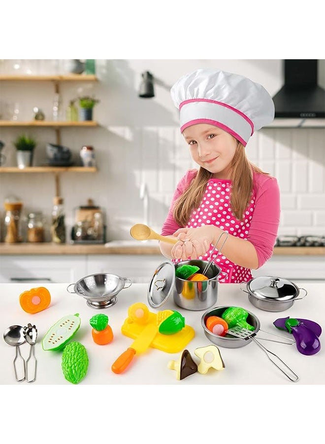 Kitchen Cooking Playset, Kids Cooking Set With Apron And Chef Hat Set, Chef Role Play Set With Food Fruits Vegetables and Stainless Steel Cooking Utensils, Kids Kitchen Pretend Play Toys Set, Cutting Cooking Set, Educational Early Age Basic Skills Development Gift For Toddlers Children - Image 4