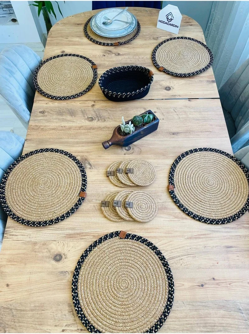 BDZ Deri BDZ Leather Wicker Jute Presentation Plate Mat American Service Coaster and Basket 13 Pieces