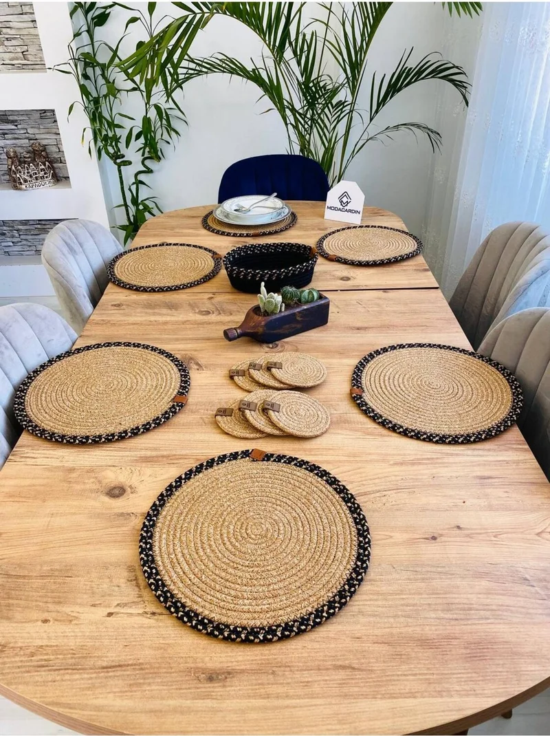 BDZ Deri BDZ Leather Wicker Jute Presentation Plate Mat American Service Coaster and Basket 13 Pieces