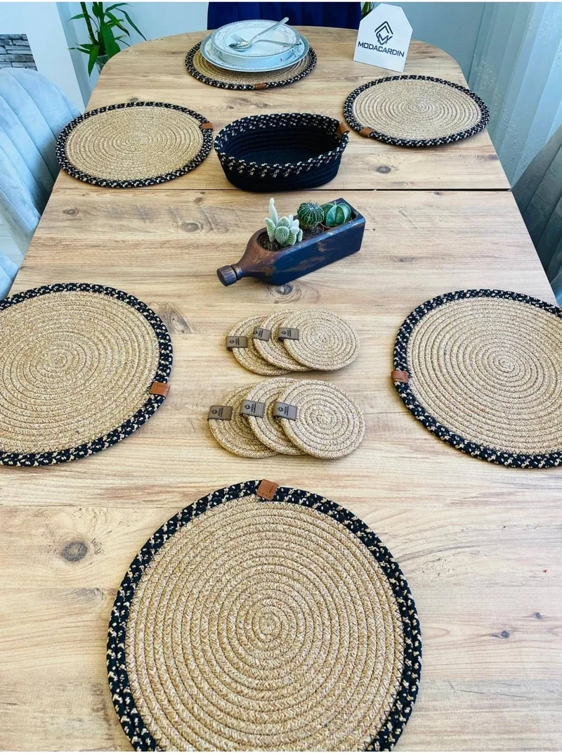 BDZ Deri BDZ Leather Wicker Jute Presentation Plate Mat American Service Coaster and Basket 13 Pieces