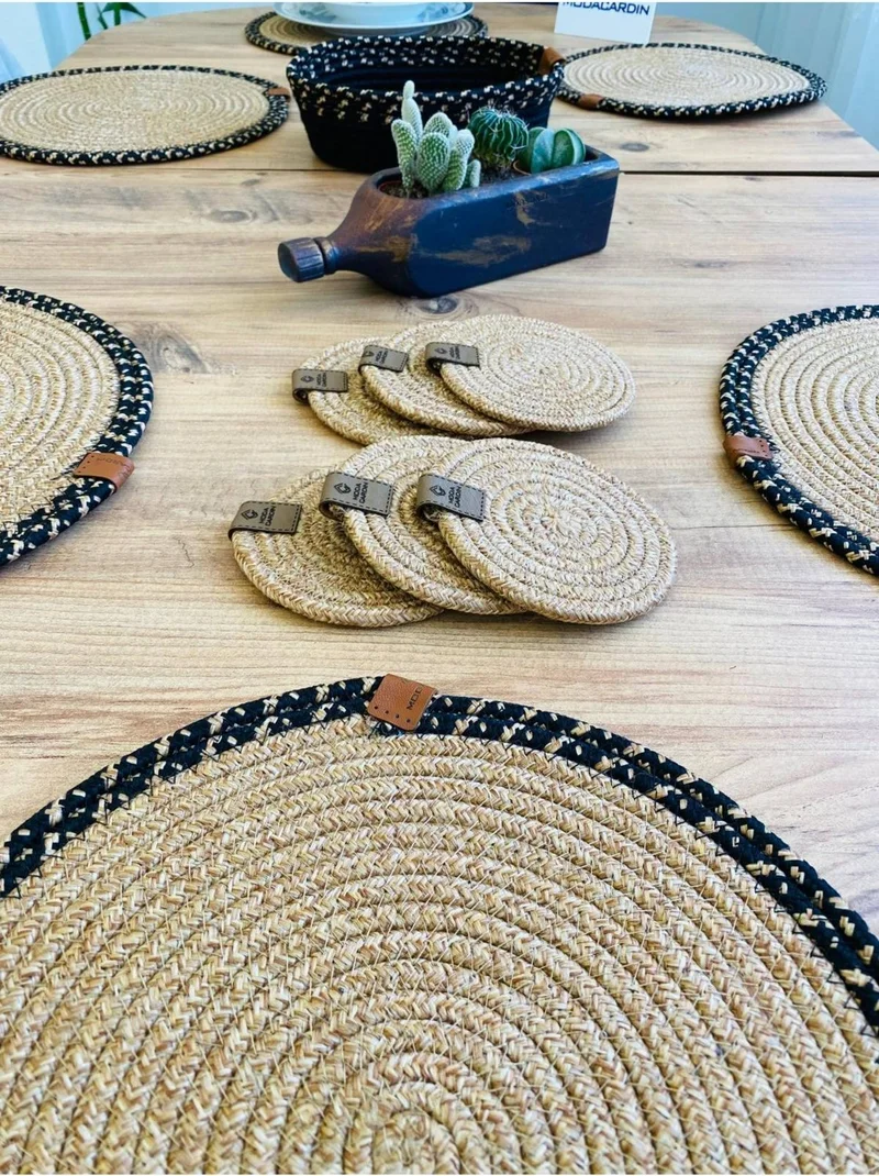 BDZ Deri BDZ Leather Wicker Jute Presentation Plate Mat American Service Coaster and Basket 13 Pieces