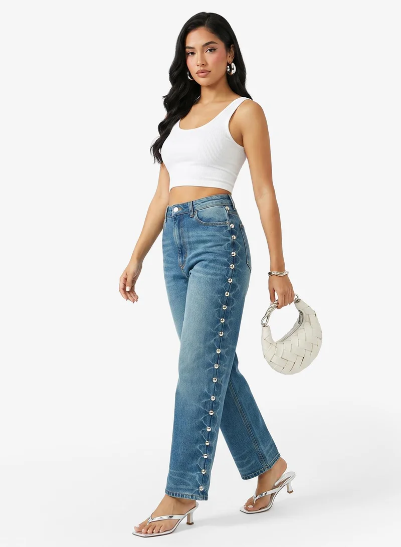 Mid Rise Straight Fit Jeans with Metal Rivet Detail