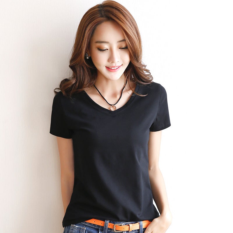 Womens Korean-style short-sleeved T-shirt summer new slim-fit cotton T-shirt womens solid color round neck top South Korea versatile bottoming shirt Female black [V-neck]] 