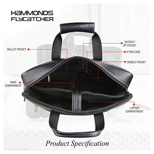 HAMMONDS FLYCATCHER Genuine Leather Office Bag for Men, 15.6 Inch Laptop Bag for Men - Adjustable Strap, Multi Compartments, Water Resistant, 1 Year Warranty - Black - Image 3