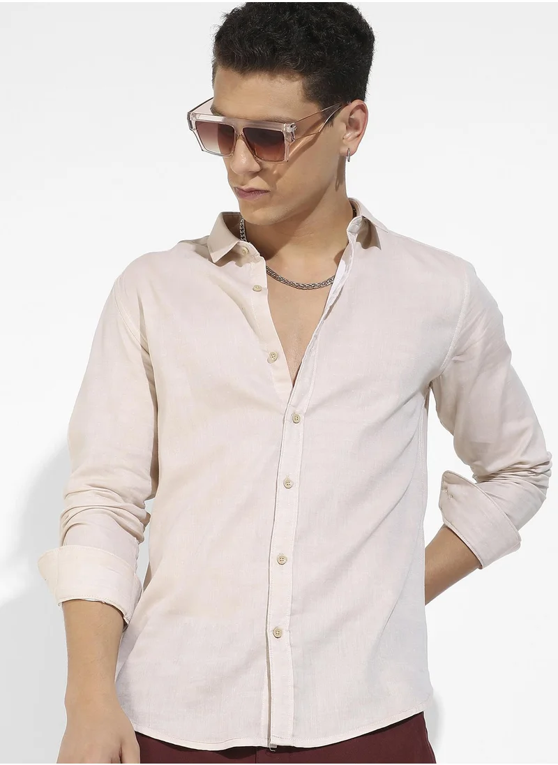 Campus Sutra Men's Beige Basic Oxford Shirt