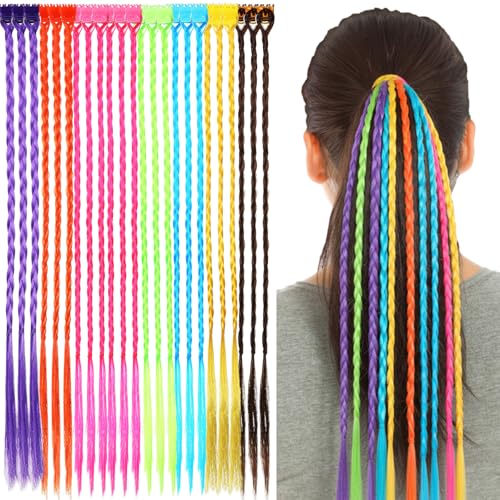 Bememo 21 Pieces Colored Braids Hair Extensions with Clip Rainbow Braided Kids Hair Extensions Accessories for Children Performance Kids Girls Christmas Cosplay Party Dress up - Image 1