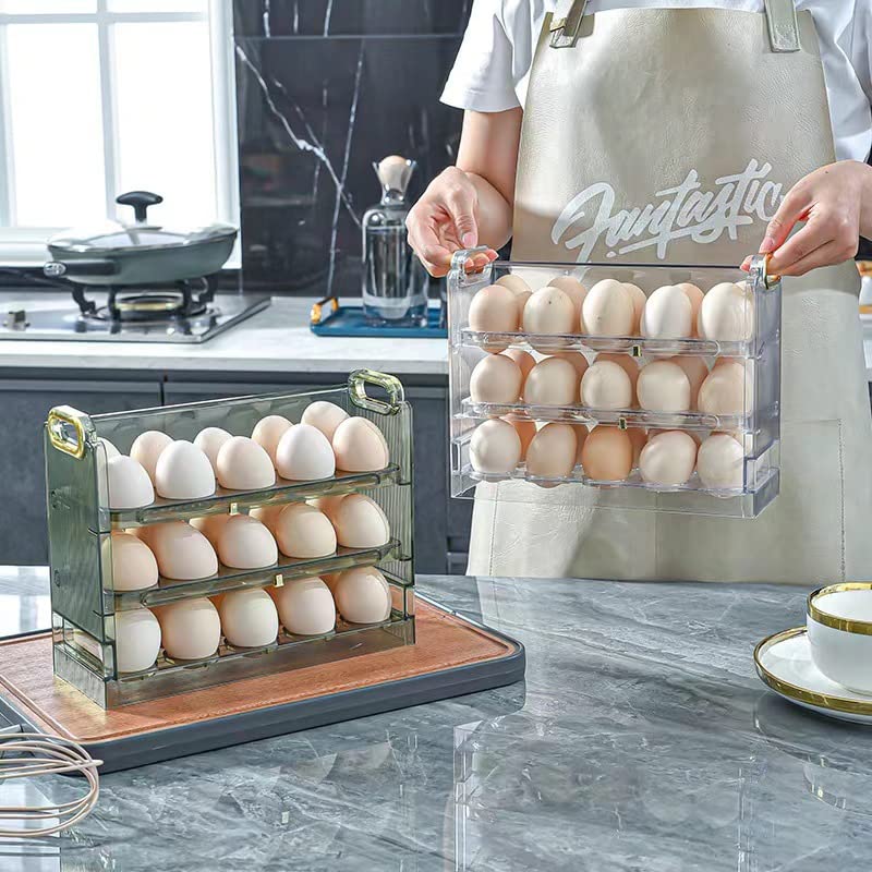 Home-Cloud HomeCloud Acrylic Egg Holder For Refrigerator Door,Egg Storage Box Creative Flip Box,3-Layer Flip Fridge Egg Tray Container,Reusable Versatile Clear Tray 30 Grid (Green) Rectangular - Image 2