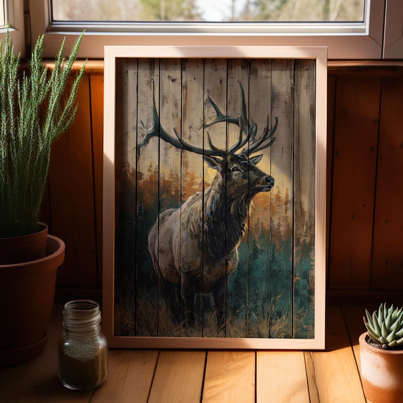 TNESSENTIAL Bull Elk Sunrise Wooden Rustic Wall Art Poster or Canvas Print, Forest Wildlife Print, Moody Cabin Wall Print, Outdoor Nature Art Home Decor - Image 1