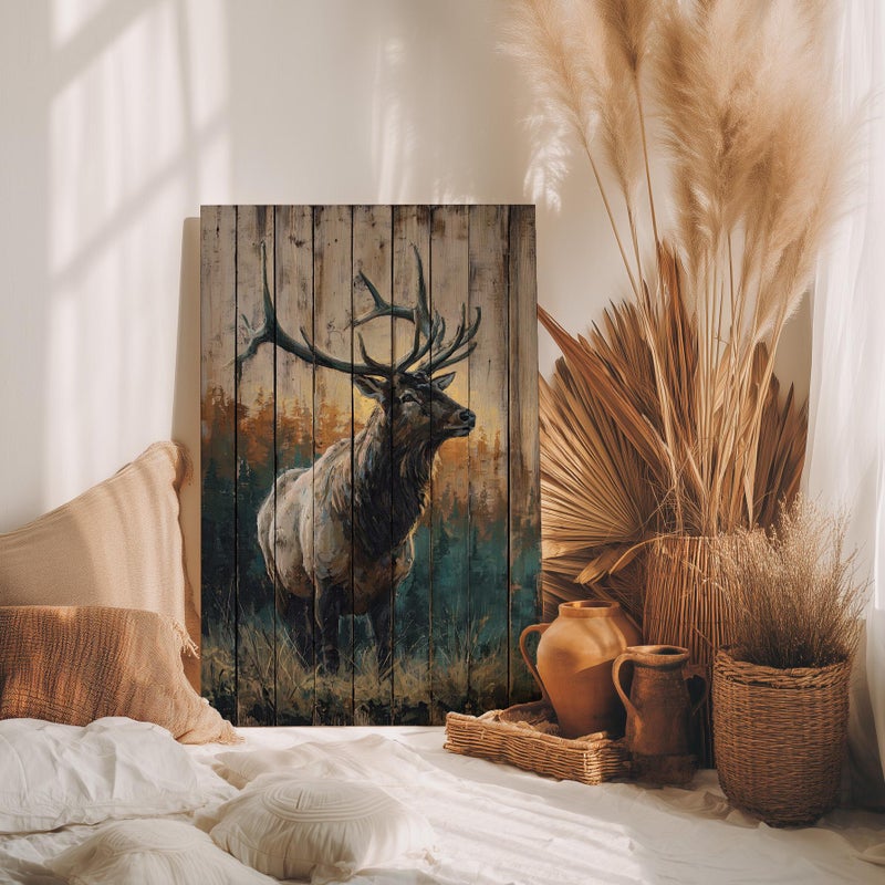 TNESSENTIAL Bull Elk Sunrise Wooden Rustic Wall Art Poster or Canvas Print, Forest Wildlife Print, Moody Cabin Wall Print, Outdoor Nature Art Home Decor - Image 4