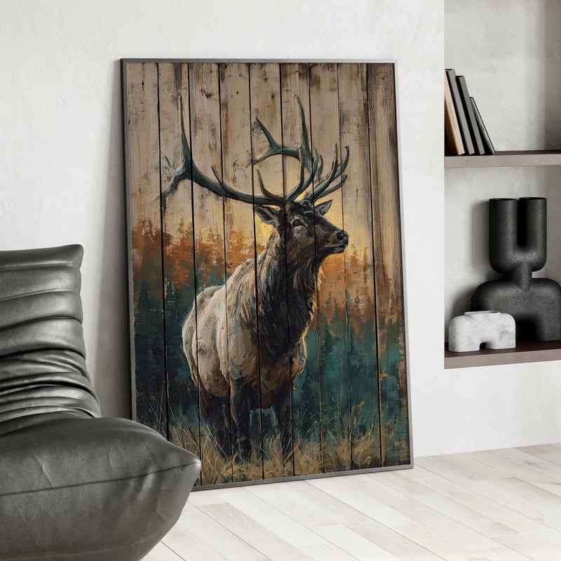 TNESSENTIAL Bull Elk Sunrise Wooden Rustic Wall Art Poster or Canvas Print, Forest Wildlife Print, Moody Cabin Wall Print, Outdoor Nature Art Home Decor - Image 3