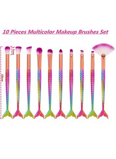 FULINJOY Makeup Brush Set 10 Pcs Fish Tail Eye Makeup Brushes, Eyeshadow Concealer Eyeliner Brow Blending Brush Tool(Multicolor Mermaid Handle)  - Image 2