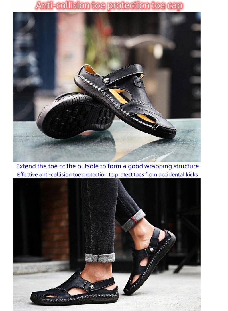 Beach Shoes Casual Sandals Genuine Leather Black - Image 4