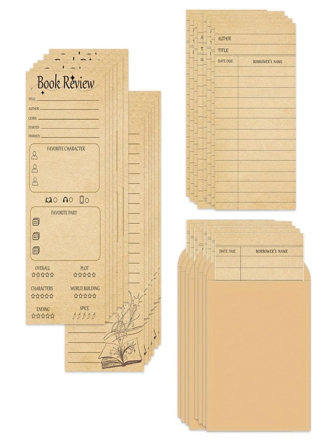 SMARSTICKER Book Review Bookmarks Bulk Vintage Library Card Pockets with Envelopes Kraft Bookmark for Librarys Checkouts Classroom Supplies Bookworms Bookish Favorites (Suit) - Image 1