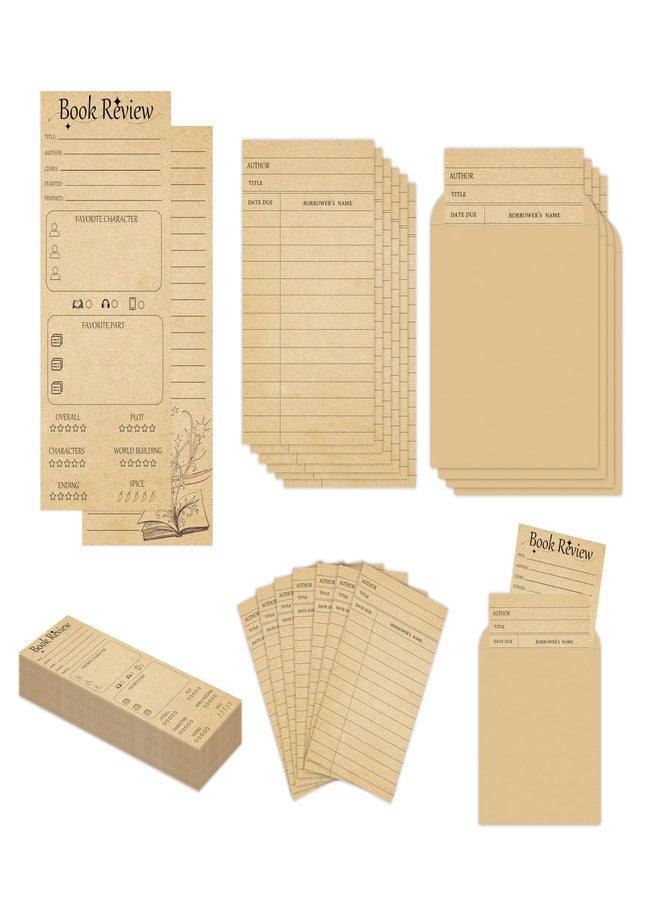 SMARSTICKER Book Review Bookmarks Bulk Vintage Library Card Pockets with Envelopes Kraft Bookmark for Librarys Checkouts Classroom Supplies Bookworms Bookish Favorites (Suit) - Image 3