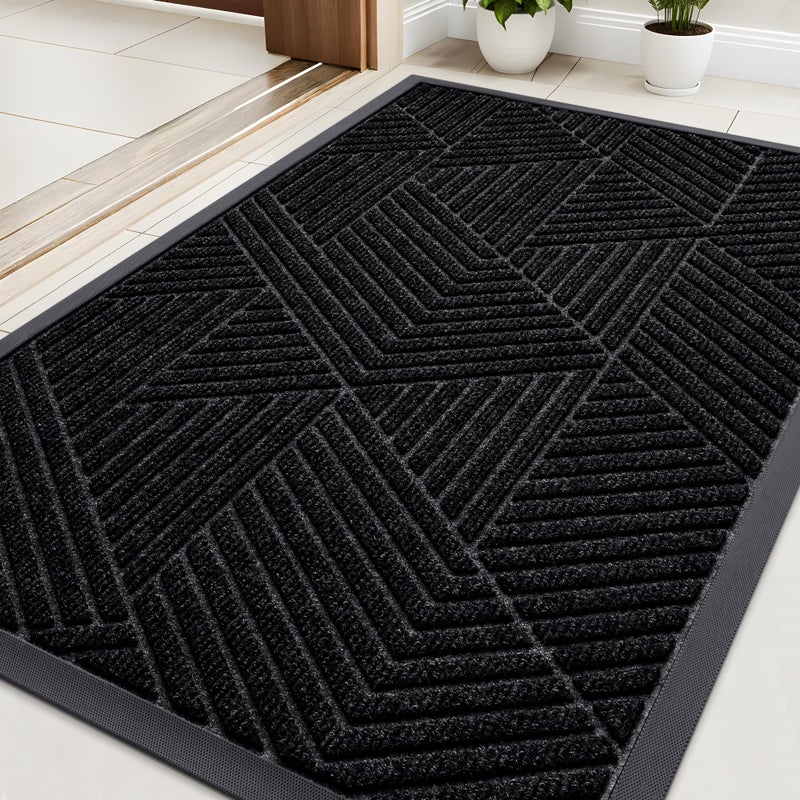 Kitinjoy Front Door Mat Outside Entrance, Sturdy Natural Dirt Trapper, Heavy Duty Rubber Doormat, Low Profile Non-Slip Backing, Easy Clean Floor Mat for Indoor Outdoor Entry, 29.5X17 Inch, Black - Image 1