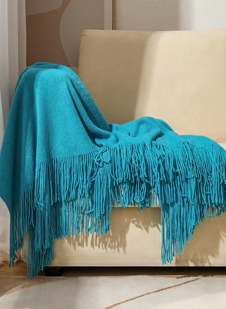 Loquat Solid Color Tassel Design Knitted Soft Throw Blanket Keep Warm Peacock Blue 
