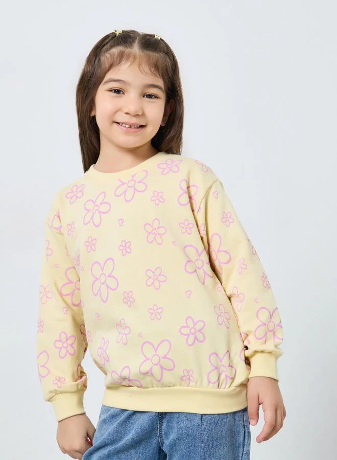 ستايلي سويت شيرت بطبعة زهور بلون كريمي للبنات