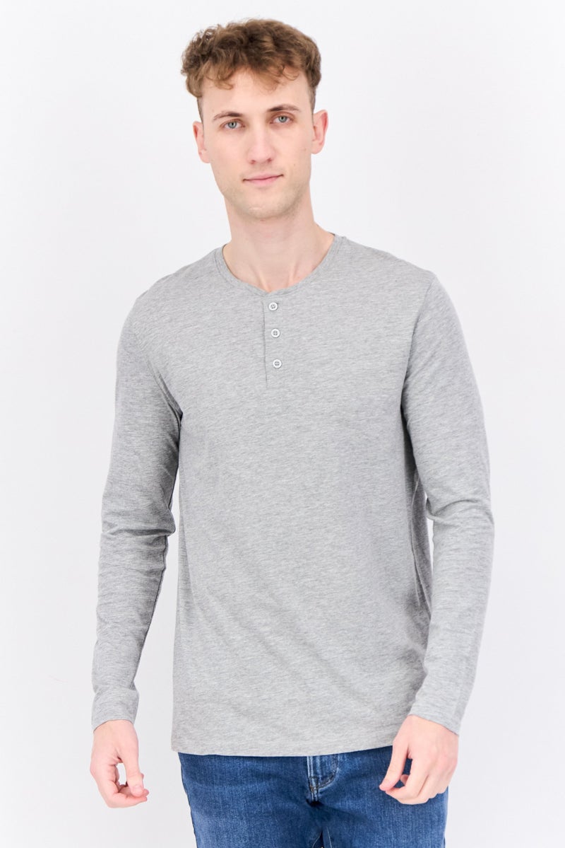 Blue Black Threads Men Henley Neck Long Sleeves Heather T-Shirt, Grey  - Image 1
