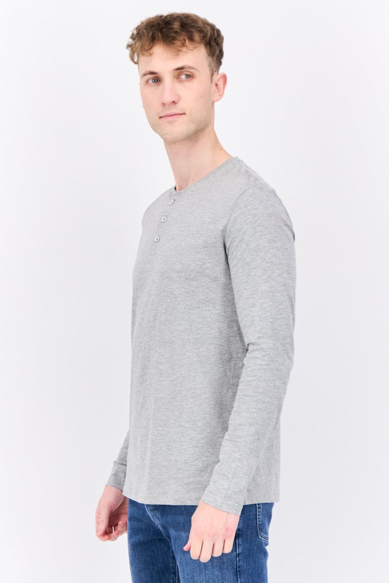 Blue Black Threads Men Henley Neck Long Sleeves Heather T-Shirt, Grey  - Image 2