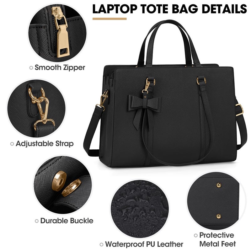 NUBILY Laptop Bag for Women 15.6 inch Laptop Tote Bag Waterproof Leather Computer Bag Large Lightweight Briefcase Professional Business Office Work Bag Black - Image 4
