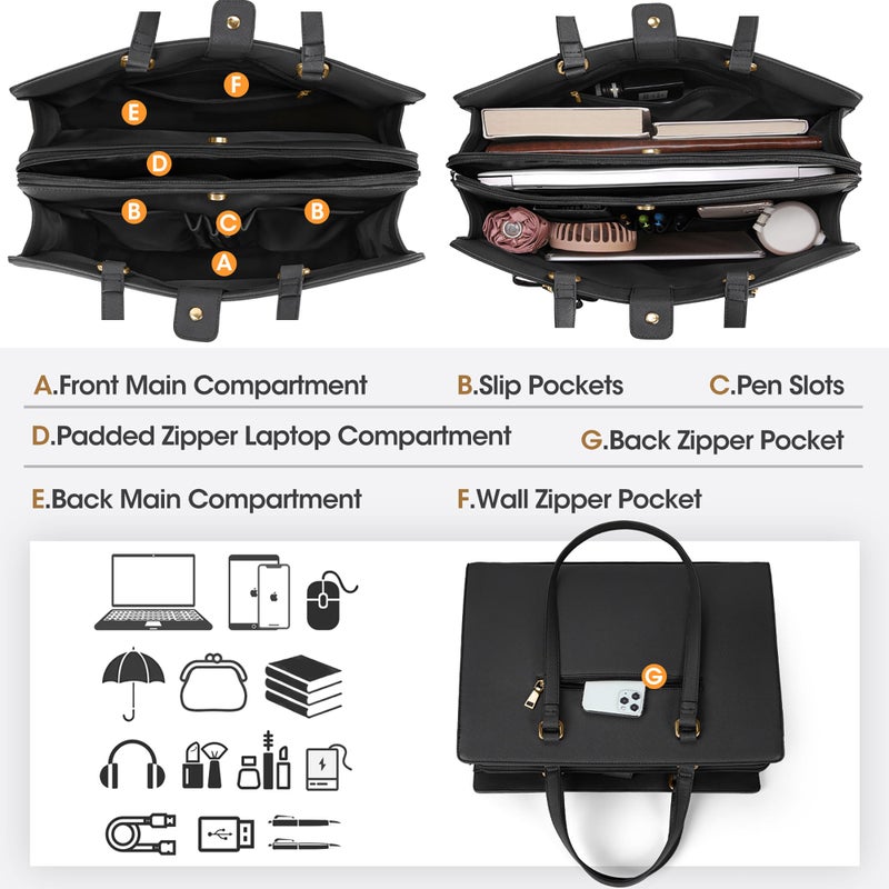 NUBILY Laptop Bag for Women 15.6 inch Laptop Tote Bag Waterproof Leather Computer Bag Large Lightweight Briefcase Professional Business Office Work Bag Black - Image 2