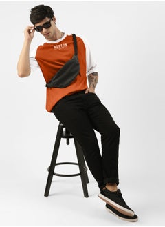Maniac Mens Printed Round Neck raglan 3/4th Sleeve Rust and White Cotton Oversized Tshirt  - Image 5