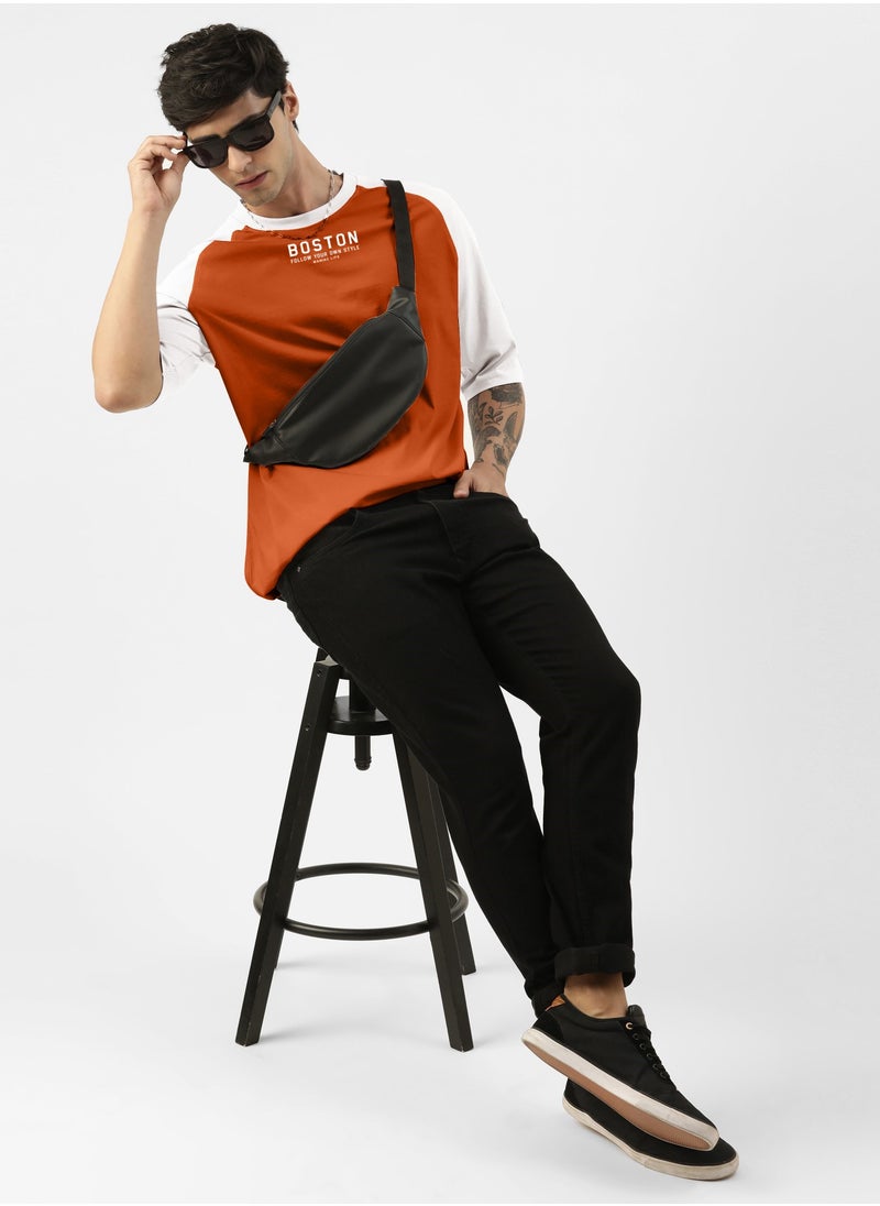 Maniac Mens Printed Round Neck raglan 3/4th Sleeve Rust and White Cotton Oversized Tshirt  - Image 5